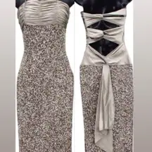 La Scala Gown, Sz. Small, Sequin Beaded Halter, Slit Beige Chrome, formal READ