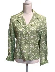 Larry Levine Womens Blazer Jacket Green  Polka Dot Pockets Linen Blend 12‎