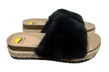 Maui Island Black Faux Fur Platform Wedge Slide Sandals Slippers Cork Footbed 10