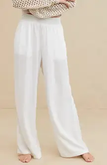 Aerie High Waisted White Linen Blend Pant White Elastic Waist Wide Leg