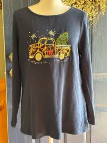 Quacker Factory Navy Blue Festive Leopard Print Truck Long Sleeve Thermal Tee M