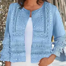 Boston Proper Blue Fringe Mirror Open Front Blazer Jacket Women’s Medium