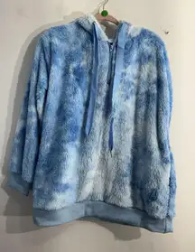 Womans Hoodie Large Blue White 1/4 Zip Fluffy Pullover