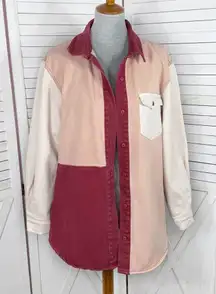 Missguided Color Block Oversized Denim Button Up Shirt Maroon Peach 8