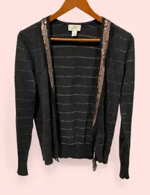 Cute loft lightweight wool blend charcoal metallic stripe mesh sequin sweater
