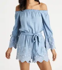 American Eagle off-the-shoulder boho floral embroidered denim chambray romper size small. 