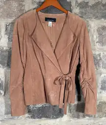 Jones New York Suede Drape Tie Front Jacket Ruched Sleeve Tan Blazer Medium‎
