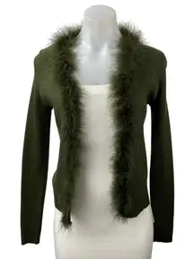 NEW Commense Green Rib Knit Faux Fur Open Front Long Sleeve Cardigan Sweater M
