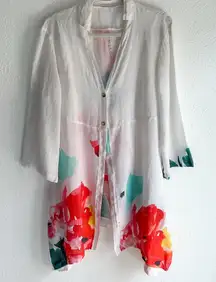 Banana Blue 100% Linen Art Print Tunic Jacket Size M Lagenlook Art to Wear