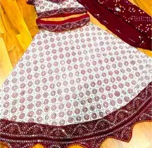 Maroon and white three piece lengha dress outfit choli sari Diwali Eid Indian