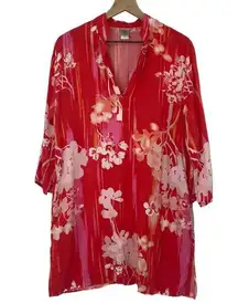 Natori Floral Print Tunic Top Lightweight Coverup Cherry Blossom Coral Womens M