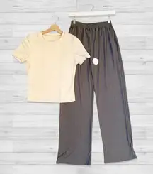 Cream Ribbed Short Sleeve Top & Gray Pleated Wide Leg Pants Bundle Set US Large