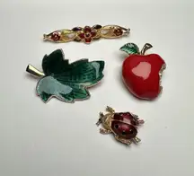 Green Leaf, Red Apple, Ladybug Bug, Flower Bar Enamel Brooch Pin Lot Of 4