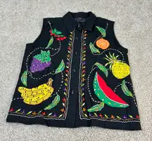 VTG Life Style Fruit‎ Embroidered Vest Sleeveless Button Up Black Linen Blend M