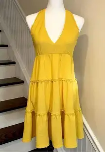 BESTEY JOHNSON Boho Yellow Halter Dress w Tiered Layered Skirt Sz Small