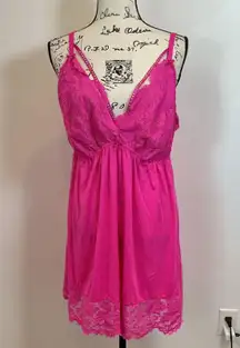 Cacique Hot Pink Lace Trim Slip Dress Nightie Lingerie Size 18/20