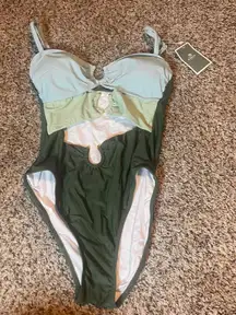 E.M.MENIE One Piece Cutout Swimsuit‎ Women's Green Blue Swimwear