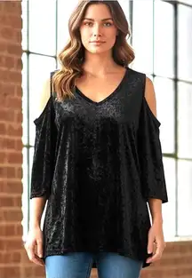 J&M Clothing Velvet Top Open Shoulder V Neck Hi Low Black SZ SM USA Whimsey Goth