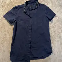 J Crew Button Up Shirt Womens 0 Navy Blue Collar Embellished Short Sleeve  Top
