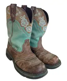 Justin's Turquoise Green & Brown Embroidered Flower "Gypsy" Cowboy Boots