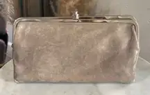 HOBO Stone Gray Leather Foldover Double Kisslock Clutch Wallet