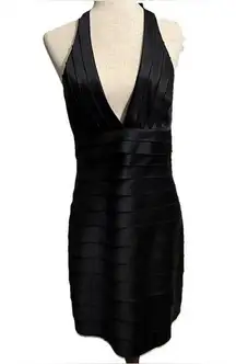 BCBG Women's Size 8 Bandage Bodycon Dress Black Halter Satin
