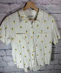 Rae Dunn Women's Linen Pineapple Print Button Up Shirt Short Sleeve Collar Large