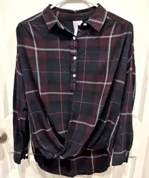 Alya‎ Plaid Button Down Shirt Women Small Navy Burgundy Red Long Sleeve Rayon