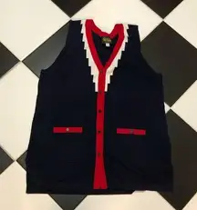 Vintage  Sweater Vest Wearable Art Navy Red Zig Zag White Stripe sz L