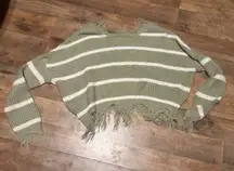 Polly & Esther Olive and Cream Striped fringed oversized cropped Sweater szsmall