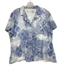 Alfred Dunner Blue White Abstract Pattern Short Sleeves‎ Button Up Blouse 16