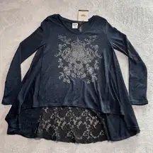 Harley Davidson Shirt Womens Large Blue Lace Longline Lace Bedazzled New