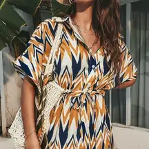 Shirt Collar Lace Up Half Sleeves Dress