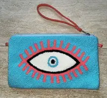 Le Pom‎ Pom Knitted Eye Clutch in Aqua Blue & Salmon 10.5x6.5"