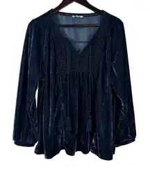 reCreation Velvet Peasant Top V-neck Lace Yoke Tassel Tie Navy Blue XXL Flowy