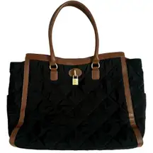 Talbots Leather Trim Black Quilted Large Tote Bag Work Office Laptop Bag Purse