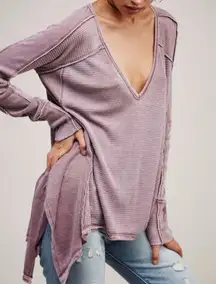 Free People Free Pacific Thermal V-neck Long Sleeve Distressed Shirt Oversize S