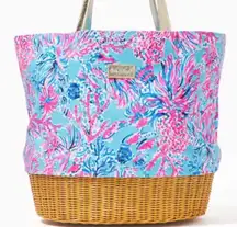 Lilly Pulitzer GWP Wicker Tote Bag Beach Bag Celestial Blue Seek And Sea New