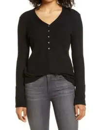 Caslon Black High Cuff Henley Thermal Knit Long Sleeve Top L