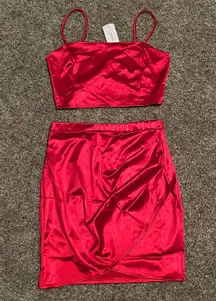 Windsor Red  2 Piece satin mini skirt and crop top set