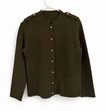 Talbots Sweater Jacket M Olive Green Pure Merino Wool Military Style Preppy
