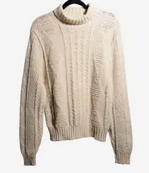Cream Fisherman Knit Turtleneck Sweater Cable Knit Chunky Preppy Warm Womens L