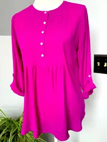 Bright Pink 1/2 Button‎ Blouse w/ Button Up Sleeves size Small