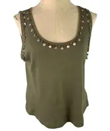 Medium Petite Charter Club Women's Olive Green Ribbed Tank Shell and Bead Embell