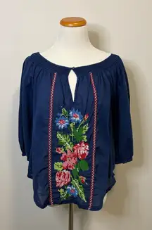 Abercrombie & Fitch Embroidered Peasant Blouse Keyhole Top Blue -‎ Small