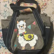 Chala Large Black and Tan Striped Tote with Leather Llama detail
