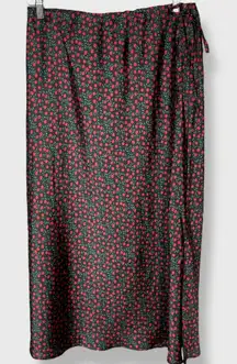Dip Skirt Floral Print Midi Straight Rose Pattern Slit Black Red Medium Women
