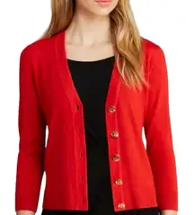 Tory Burch Shrunken Simone Orange 3/4 Sleeve Gold Logo Button Cardigan