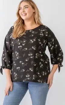 Papermoon Floral Tie Midi Sleeve Boat Neck Back Zipper Relax Top‎ Black Size 3X