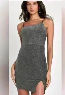 Lulus Take Me Anywhere Silver Sparkly Asymmetrical Bodycon Mini Dress Small